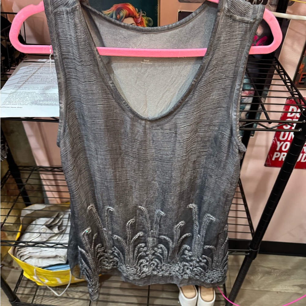 Soft Surroundings Charcoal Embroidered Tank Top